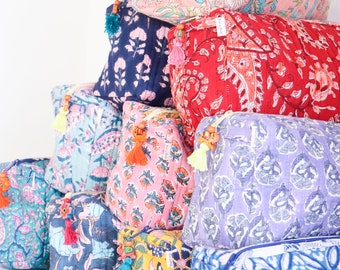 Large Quilted Cosmetic Bag: Block Print Cotton Toiletry Pouch