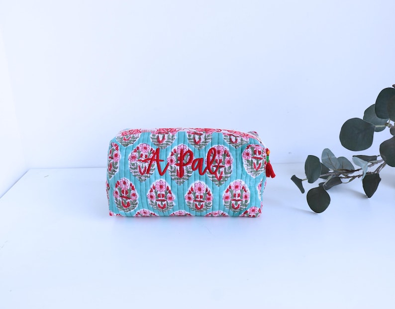 Personalized Quilted Cosmetic Bag – Block Print Toiletry Pouch image 9