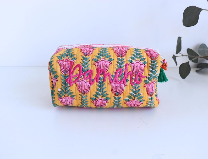 Personalized Quilted Cosmetic Bag – Block Print Toiletry Pouch image 7
