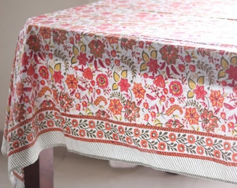 Pink Block print tablecloth - Orange table cover - Oversized tablecloth - Fall tablecloth - Thanks Giving table cover - 6 & 8 seater table