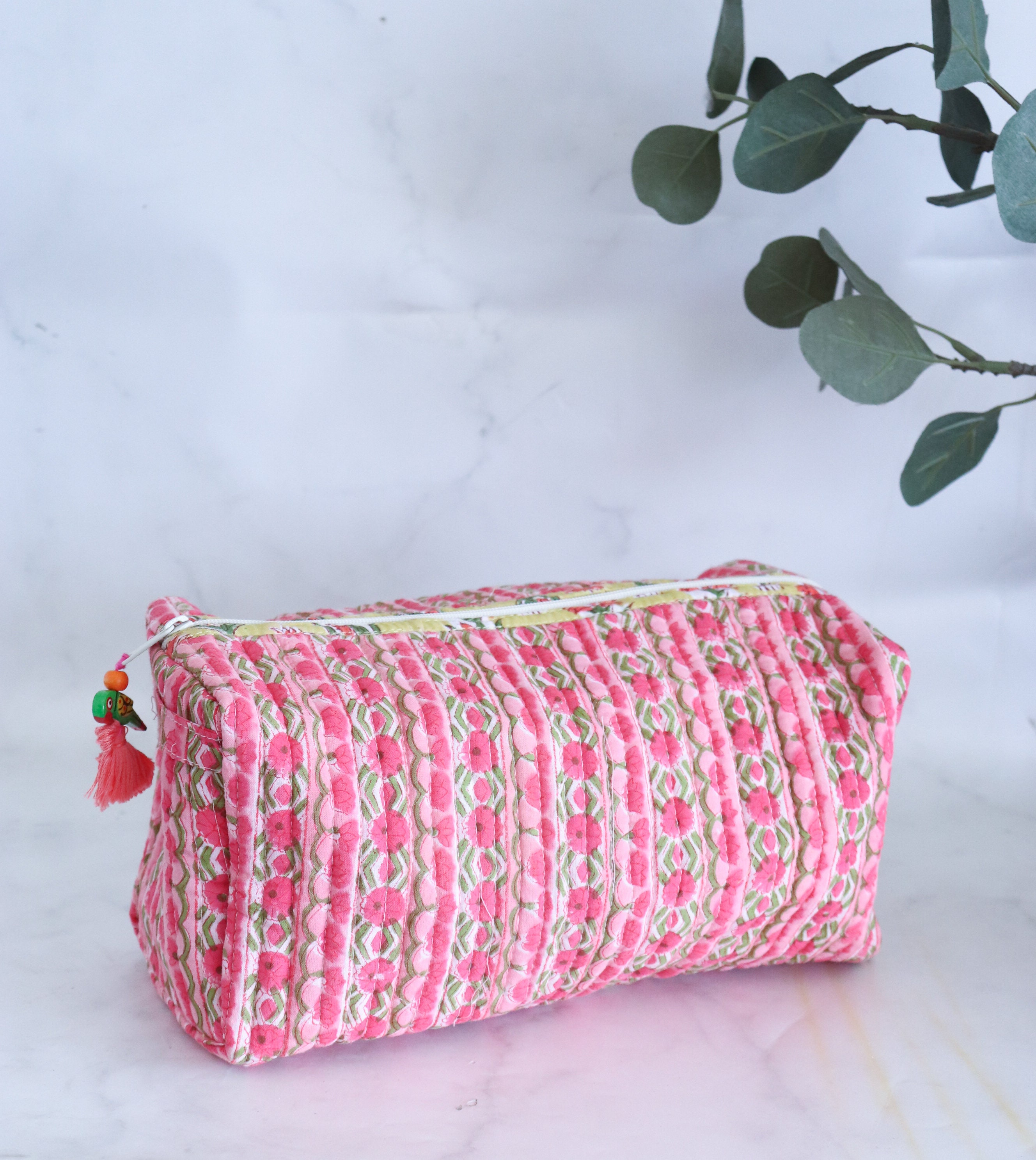 Block Print Designer Toiletry Bag & Makeup Case - Boho Floral Quilted Pouch  for Cosmetics, Skincare - Large Waterproof Lined Organizer for Diaper Bag
