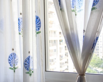 Block print curtains - Indigo print curtains - Indian curtains - Sheer panels - Bohemian curtains - Window curtains - Curtains boho