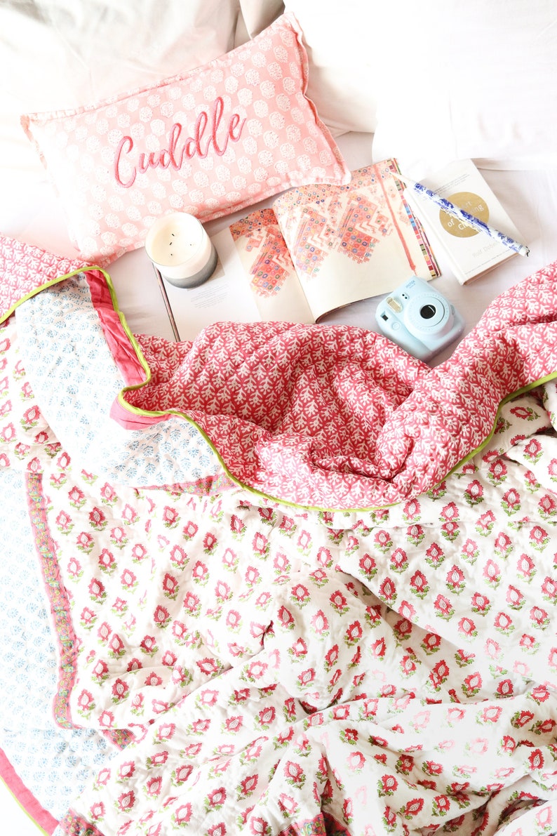 Twin Quilt Block Print Quilt Pink Quilt Boho Decor Etsy