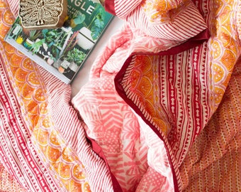 Quilt for sale - Jaipur quilt twin - Kantha quilt pink - Block print quilt - Boho comforter twin - boho quilt - Twin kantha quilt