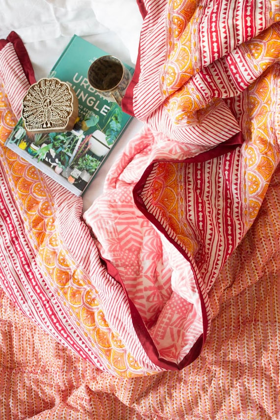 Quilt for Sale Jaipur Quilt Twin Kantha Quilt Pink Block Print
