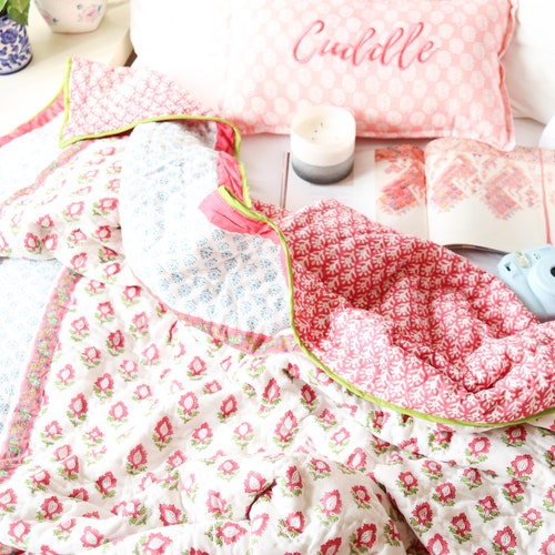 Twin Quilt Block Print Quilt Pink Quilt Boho Decor Etsy