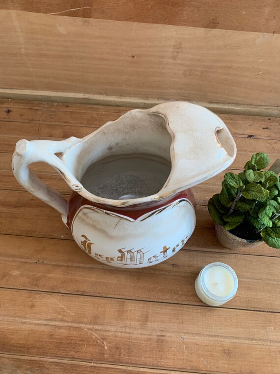1800s Dresden Hotel China Ironstone Pitcher Ice Water Maroon Cream