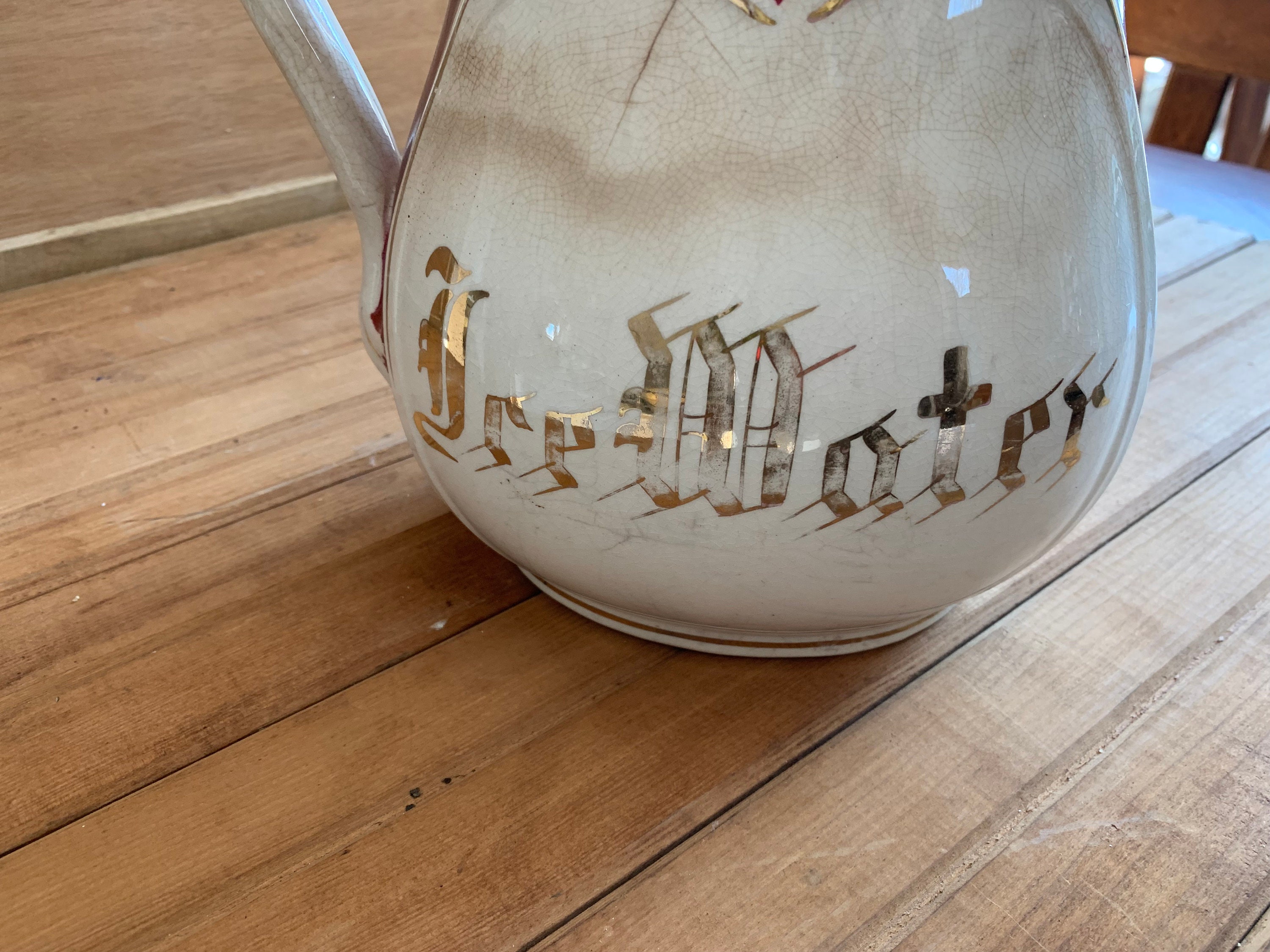 1800s Dresden Hotel China Ironstone Pitcher Ice Water Maroon Cream