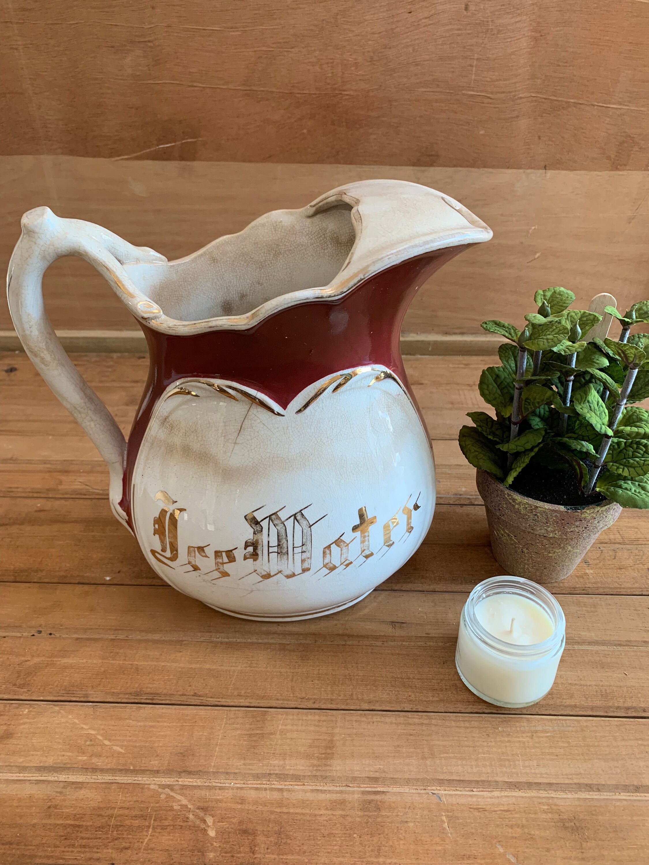 1800s Dresden Hotel China Ironstone Pitcher Ice Water Maroon Cream