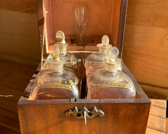 Amber Decanter Set with Wooden Lid and Metal Tray