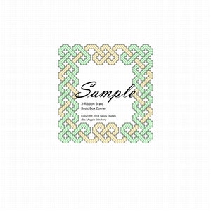 May include: A sample of a 3-ribbon braid basic box corner cross stitch pattern. The pattern is in green and yellow and is surrounded by a black border.