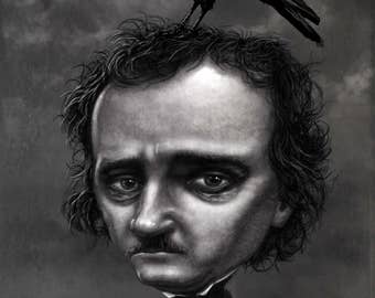 May include: A black and white illustration of Edgar Allan Poe with a black raven perched on his head. The raven has a white eye and is looking to the left. Poe is wearing a black suit and has a serious expression on his face.
