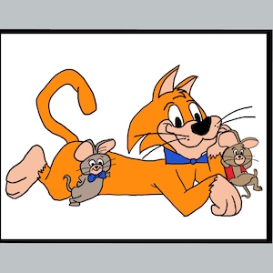 May include: An orange cat with a blue bow tie is lying down with two gray mice. One mouse is wearing a blue bow tie and the other is wearing a red bow tie.