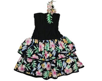 1980s VICTOR COSTA for Lord and Taylor Vintage / One Shoulder Party Dress / Tropical Floral Print Gown / Tiered Designer Prom Dress / Black