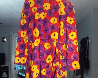 1980s CAROLINA HERRERA Vintage / Neiman Marcus / Designer Floral Dress / Red, Yellow, and Purple / Flower Print Midi Length / Long Sleeve