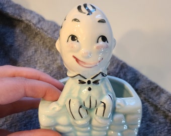 Vintage Humpty Dumpty Planter / Small Blue Ceramic Plant Pot / Unmarked Flower Holder / Home Decor / Handpainted / Homeware