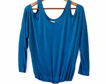 Jean Paul GAULTIER for Target Top / Long Sleeve Bare Shoulder Shirt / Bright Blue Athletic Tee / Casual Luxury Top / Size Small