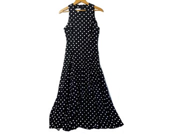1990s Roberta Vintage / Black and White Gown / Floor-Length Gown / Sleeveless Prom Dress / Polka Dot Dress / Minimal / Maxi Dress