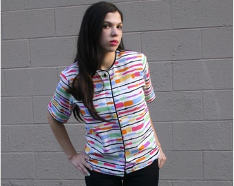 1990s Jordan Vintage / White Horizontal Striped Blouse / Watercolor Pattern / Black Rope Trimmed Shirt /Short-Sleeved Button Down Top