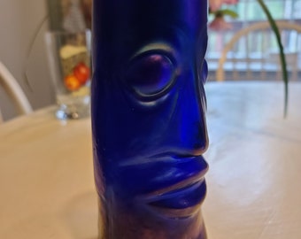 Vintage Peter Vizzusi Magic Sands Tiki Glass / Blue Carnival Glass Tumbler / Highball Art Glass / Mask / Cobalt Home Decor / Barware