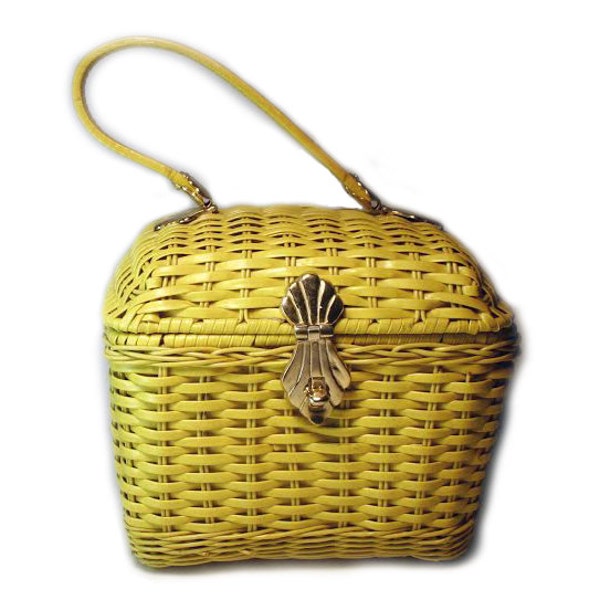 Vintage 1960s/ Marcus Brothers Yellow Wicker Handbag / Hard Box Purse / Wooden Basket Bag / Square Tote with Golden Accents / Lunchbox