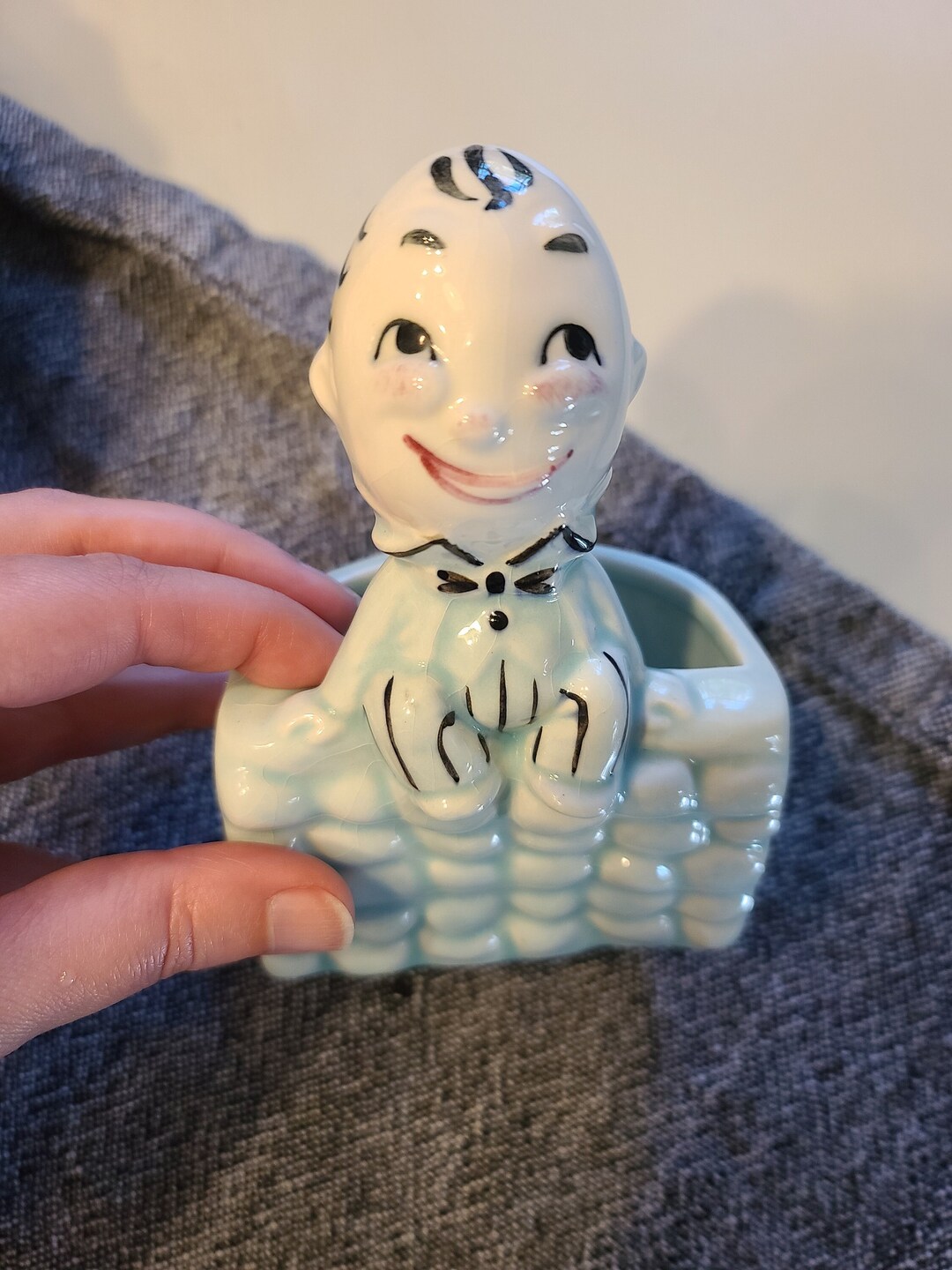 Vintage Humpty Dumpty Planter / Small Blue Ceramic Plant Pot / Unmarked ...