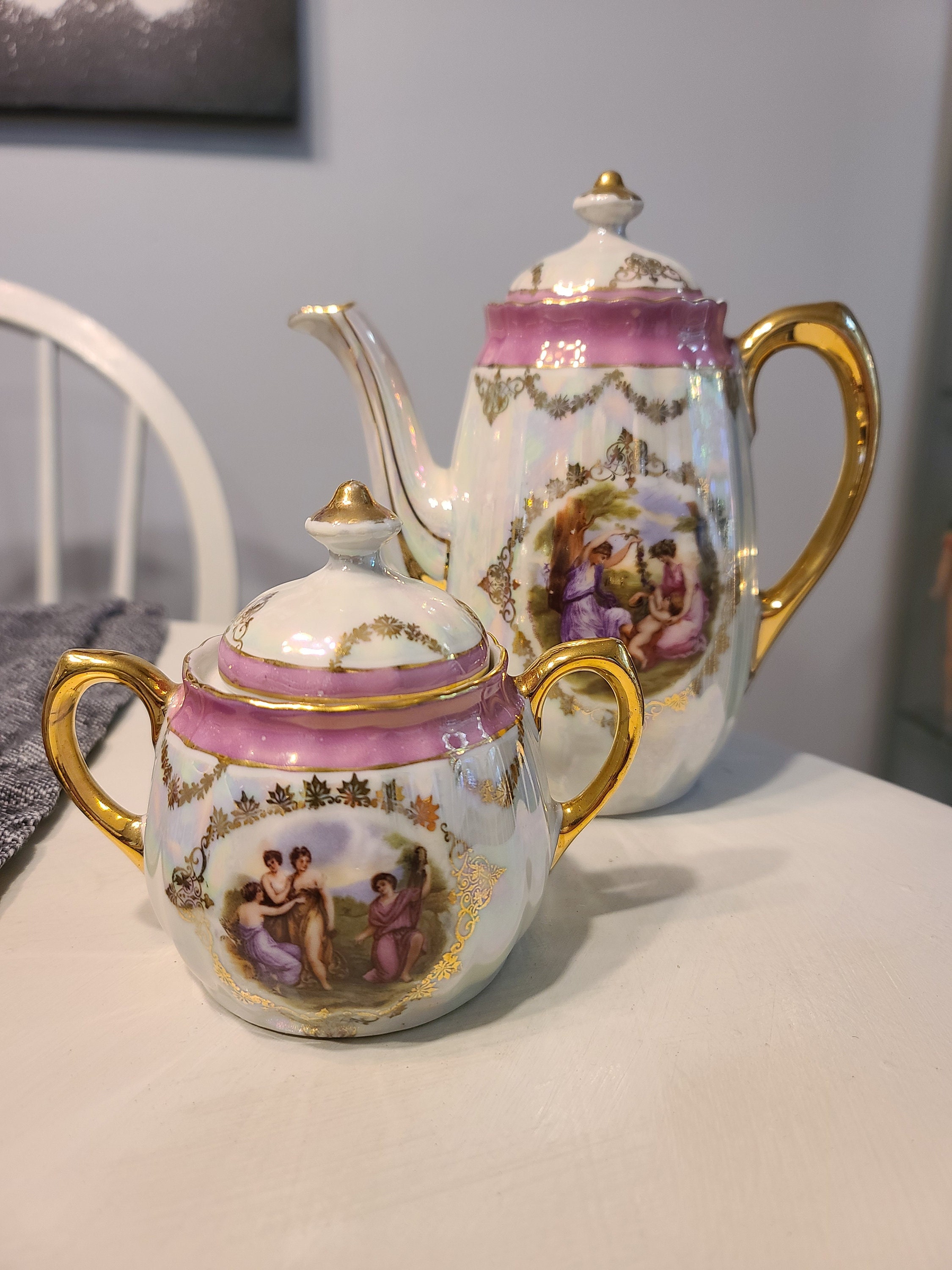 RockTrend Lavender Ceramic Creamer & Sugar Bowl Set | Golden Edge Coffee Serving Set With Lids