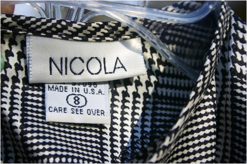 Early 1990s Nicola Vintage Shiny BLACK and WHITE Blouse Gingham Print Women/'s Top Polyester Shirt with Bishop Sleeves Shoulder Pads