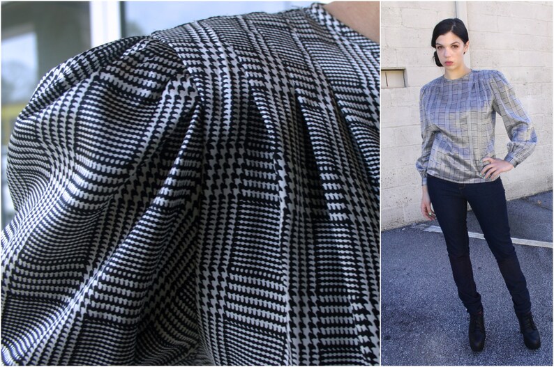 Early 1990s Nicola Vintage Shiny BLACK and WHITE Blouse Gingham Print Women/'s Top Polyester Shirt with Bishop Sleeves Shoulder Pads