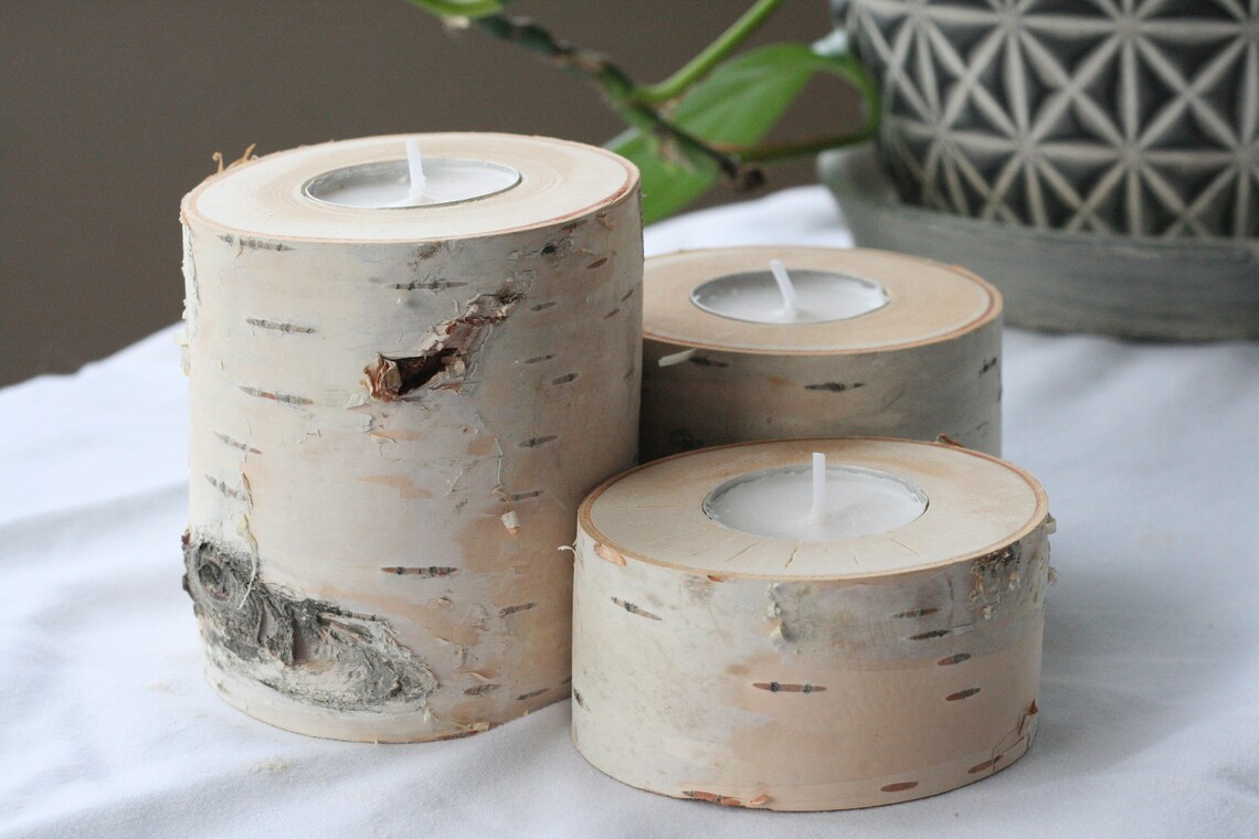 Set of three birch tea light candle holders Etsy