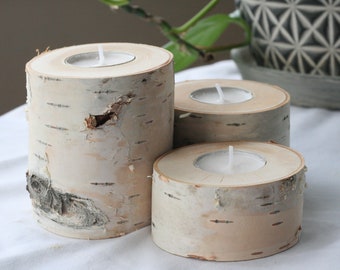 Set of three birch wood tea light candle holders