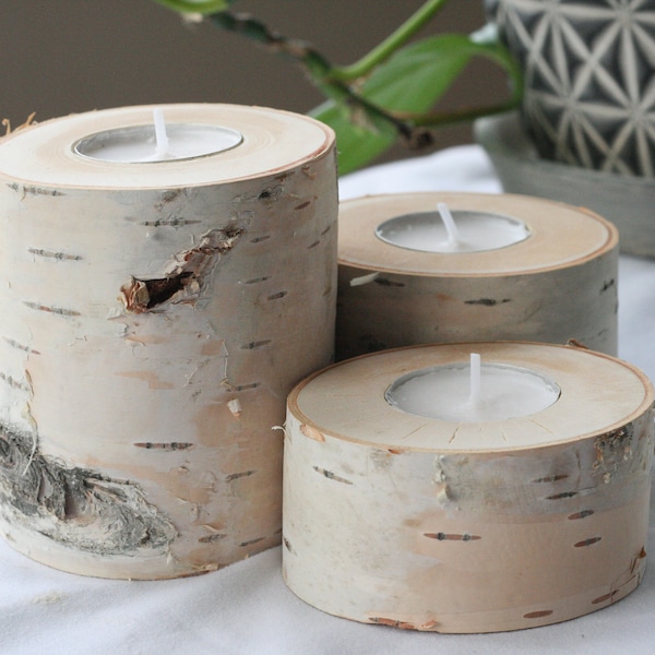 Set of three birch wood tea light candle holders