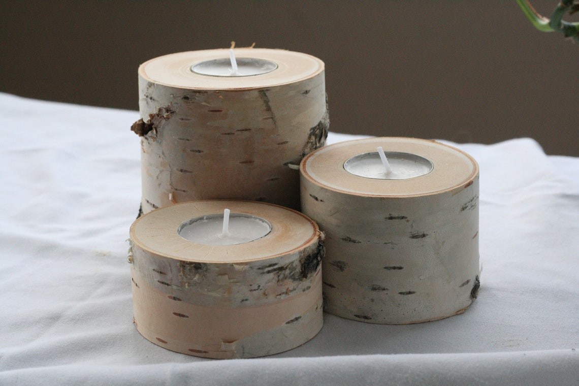 Set of three birch tea light candle holders Etsy