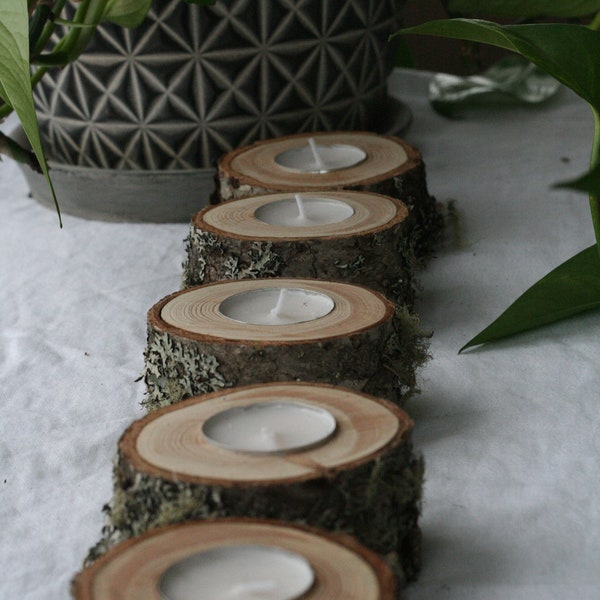 Set of five Douglas Fir wood tea light candle centerpieces