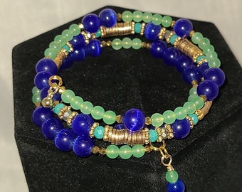 Boho Midnight Blue, Green and Gold Beaded Memory Wire Bracelet