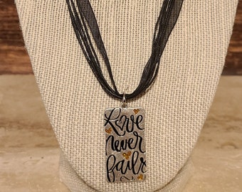 Organza and Cotton Cord Necklace with Metal "LOVE NEVER FAILS" Pendant