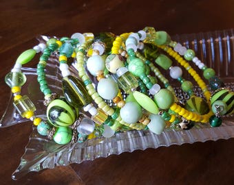 Spring Green Boho Extravaganza/Memory Wire Bracelet