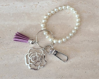 Pearl Bracelet Keychain - Metal Rose - Silvertone Clasp & Keyring  - Purple Tassel