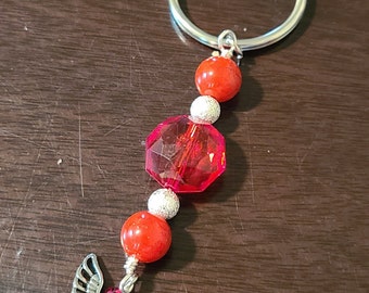 Ruby Red & Stardust Metal Bead - Guardian Angel - Key Chain/Fob