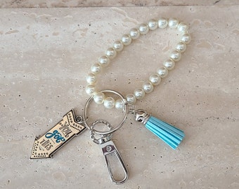 Pearl Bracelet Keychain - Metal You Got This Charm - Silvertone Swivel Clasp & Keyring  - Baby Blue Tassel