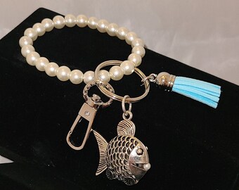 Catch of the Day Keychain - Pearl Bracelet Keychain - Silvertone Swivel Clasp & Keyring  - Baby Blue Tassel