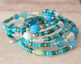 Beach Glass Beaded Memory Wire Bracelet - Mermaid Bracelet - Sea Glass Colored Bracelet