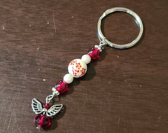 Red Floral - Metal & Glass Beads - Guardian Angel - Key Chain/Fob