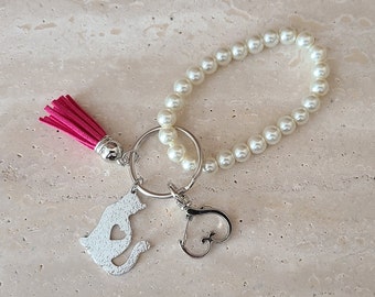 Pearl Bracelet Keychain - Metal Cat Charm - Silvertone Heart Shaped Clasp & Keyring  - Pink Tassel