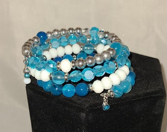 Blue Agate and Glass Memory Wire Bracelet - Blue and White - Summer Bracelet