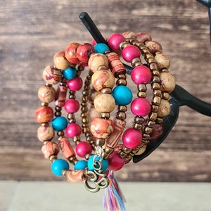Wood and Glass Beaded Memory Wire Bracelet - OM Beaded Bracelet - Bohemian Wood Bead Bracelet