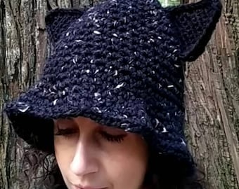 Black Cat Witch Hat - Hand-Crocheted