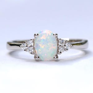Oval White Fire Opal Ring: Sterling Silver Diamond CZ Promise Ring