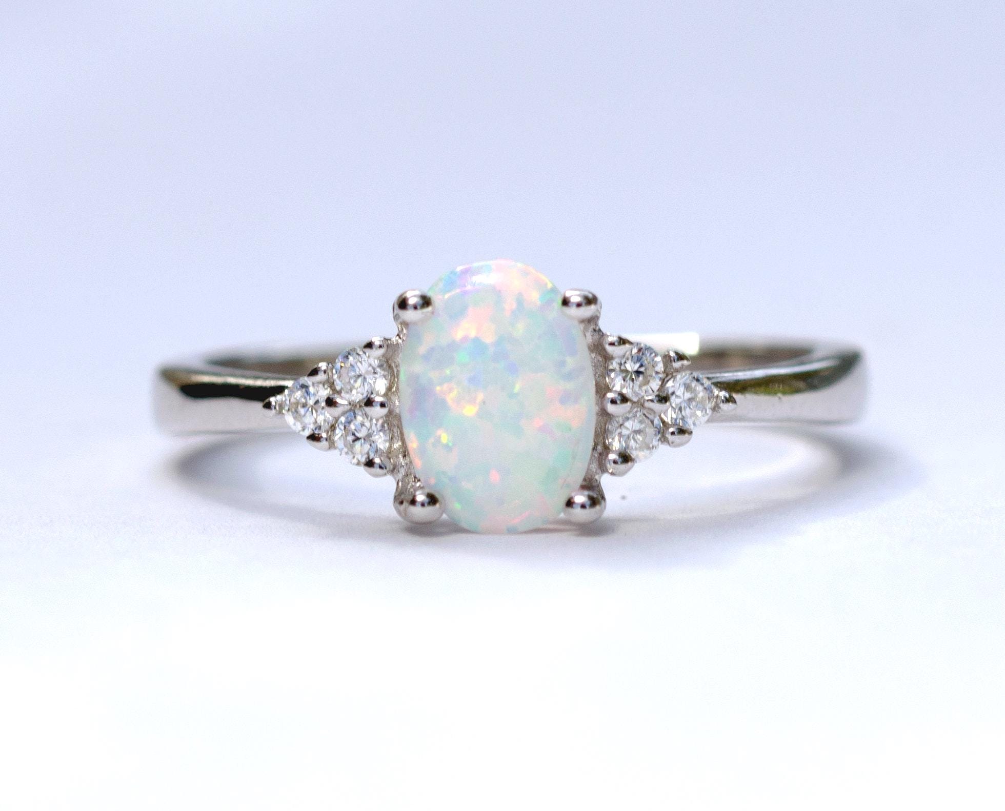 Oval White Fire Opal Ring: Sterling Silver Diamond CZ Promise Ring
