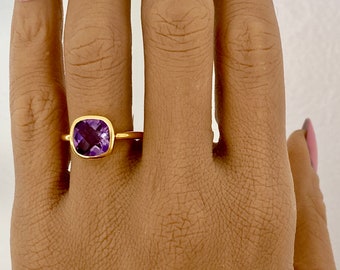 Amethyst Ring Gold, Cushion Cut, Gold Vermeil Ring, 9mm, bezel set